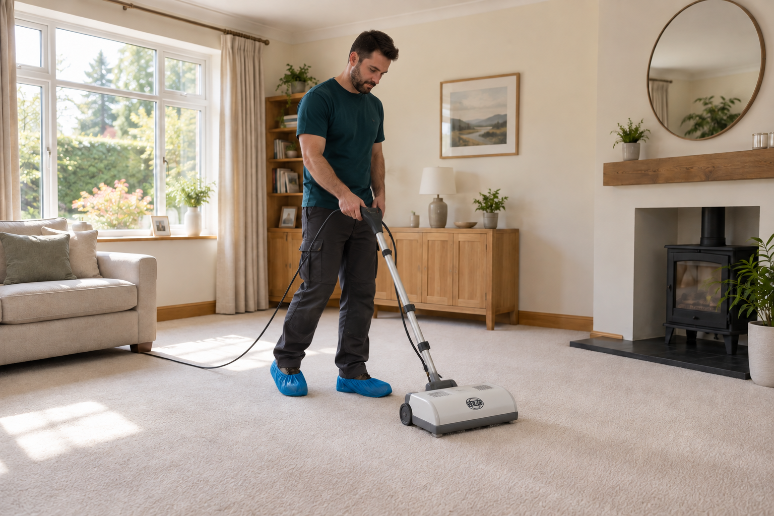 Cleaner using a twin-brush machine on the carpet.