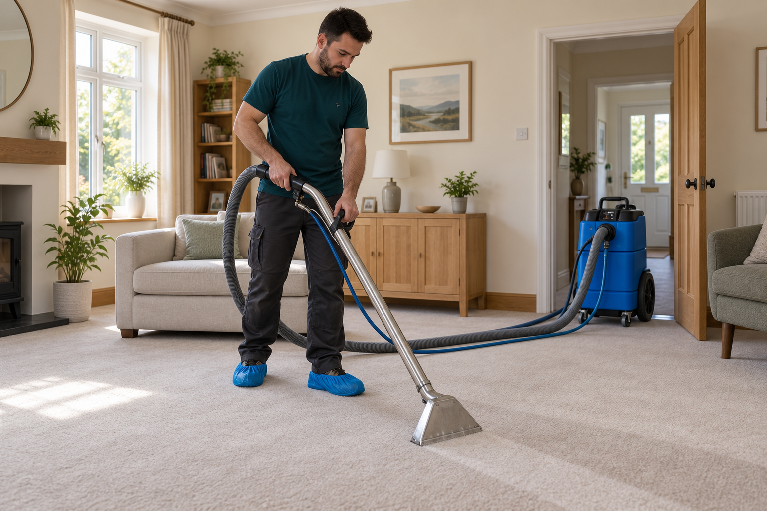Cleaner using an extraction wand connected to a portable extractor.