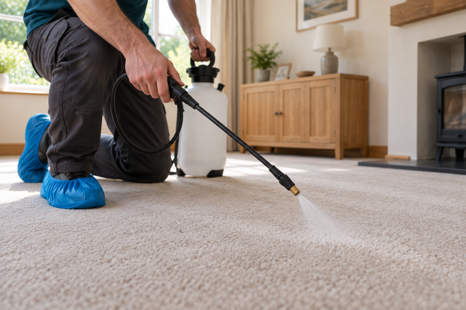 Pre-spray being applied to carpet fibres beside blue shoe covers.