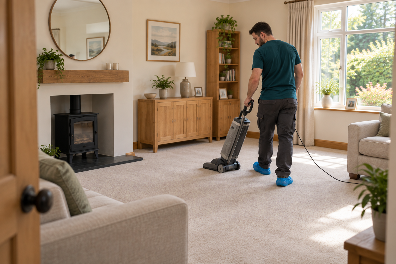 Cleaner vacuuming a living-room carpet with a professional upright vacuum.