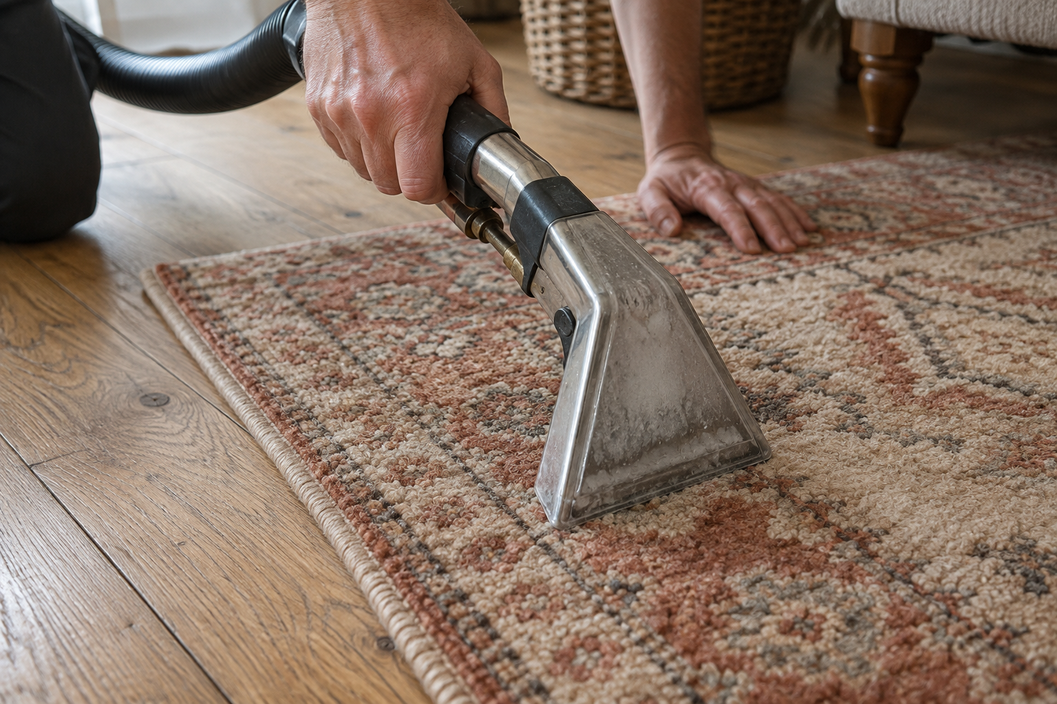Close-up of extraction cleaning on small rugs.